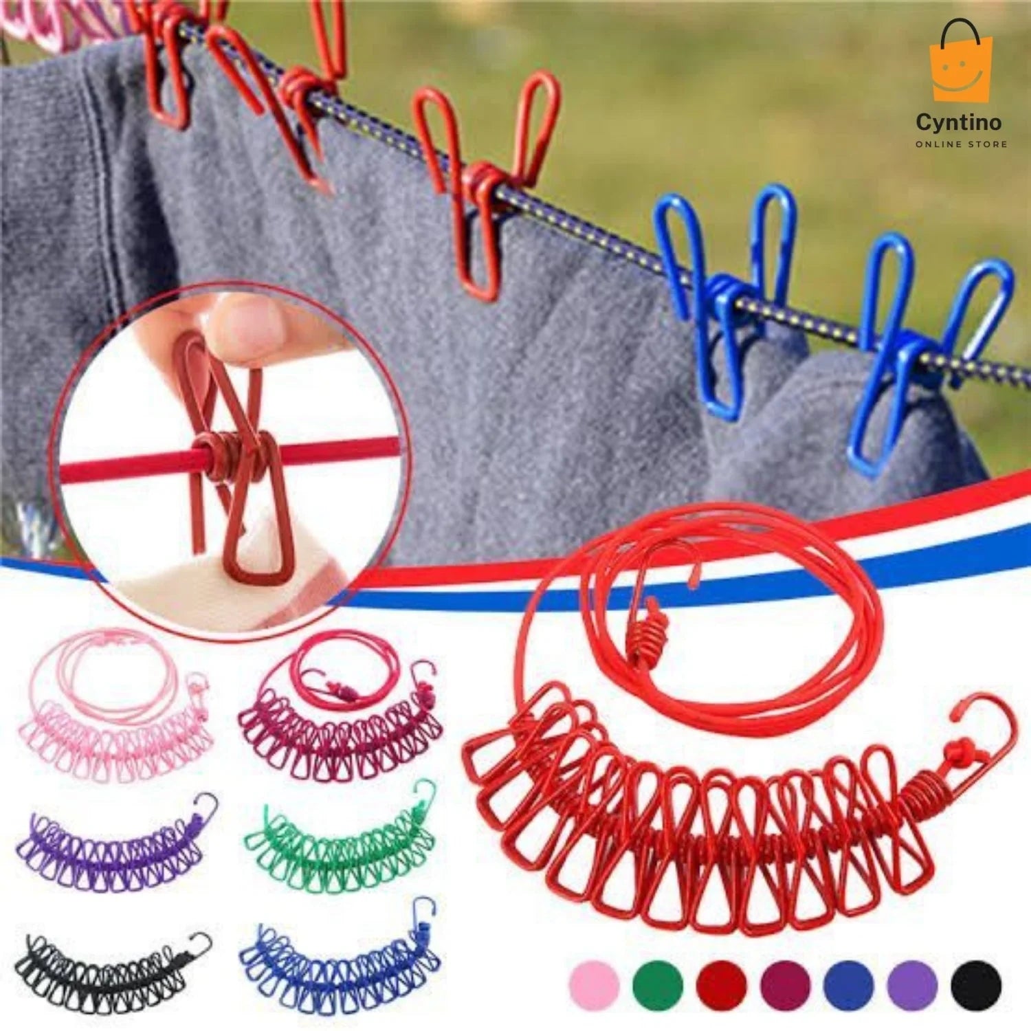 Adjustable Camping Clothesline with Clips Portable Elastic Travel Dryer Rope Cyntinostore
