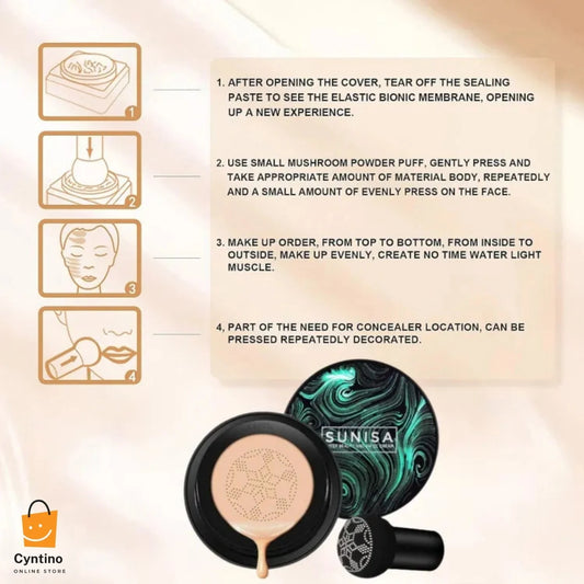 SUNISA Mushroom Head Air Cushion BB/CC Cream Moisturizing, Breathable, Natural Finish Foundation with Concealer Effect Cyntinostore