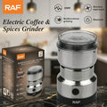 RAF electric coffee and spices grinder with packaging on a kitchen counter