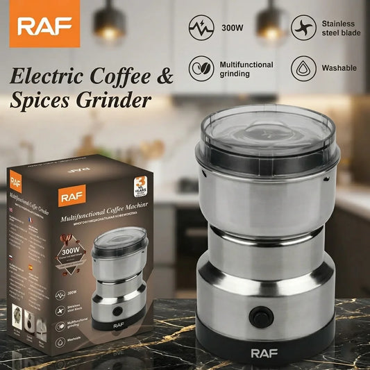 RAF electric coffee and spices grinder with packaging on a kitchen counter