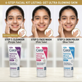 CeraVe facial cleanser, face wash, and skin polish with step-by-step instructions on a white background.