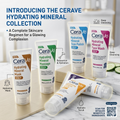 CeraVe hydrating mineral skincare collection with product names and features on a marble surface.
