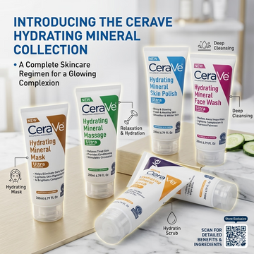 CeraVe hydrating mineral skincare collection with product names and features on a marble surface.