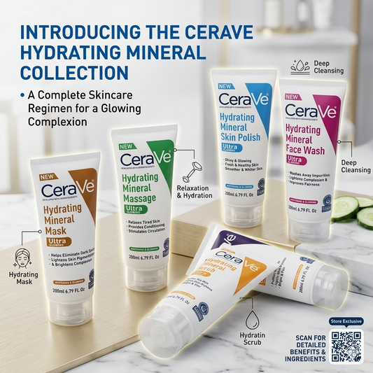 CeraVe hydrating mineral skincare collection with product names and features on a marble surface.