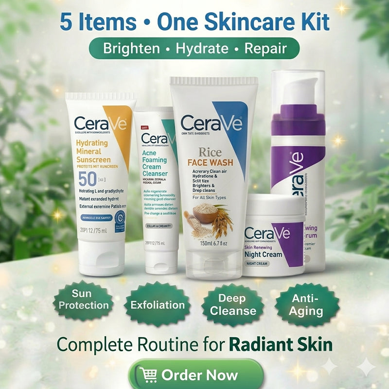 CeraVe skincare kit 5 in 1 with retinol serum sunscreen skin renewing cream foaming cleanser and rice face wash for glowing skin Pakistan