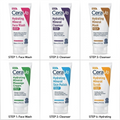 CeraVe skincare product lineup with labels indicating steps on a white background