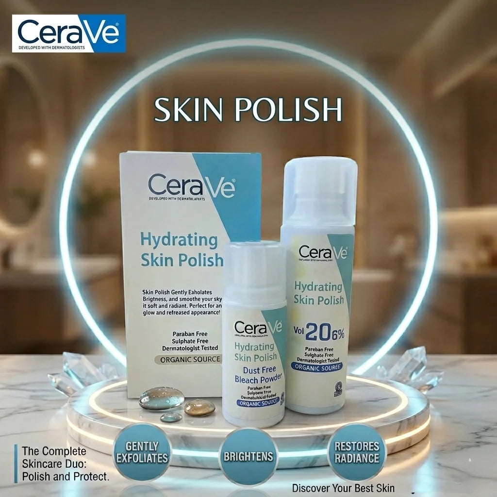 CeraVe skin care products on a marble surface with a blurred bathroom background
