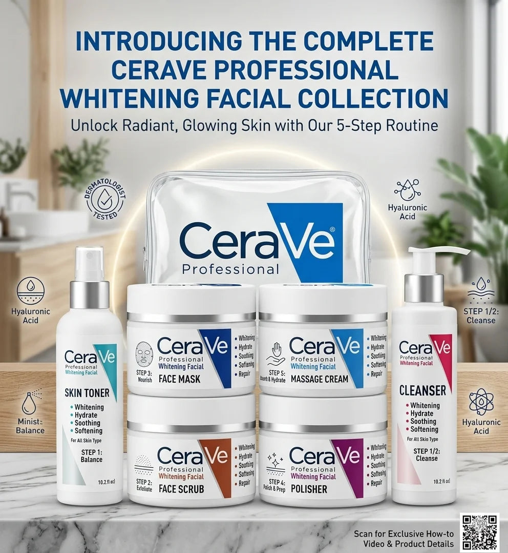 CeraVe professional whitening facial collection with step-by-step routine on a marble surface.