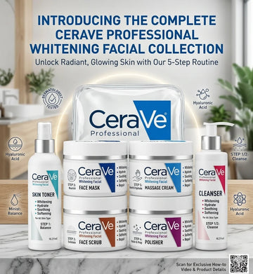 CeraVe professional whitening facial collection with step-by-step routine on a marble surface.