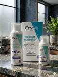 CeraVe Hydrating Skin Polish bottles on a marble surface with a box in the background.