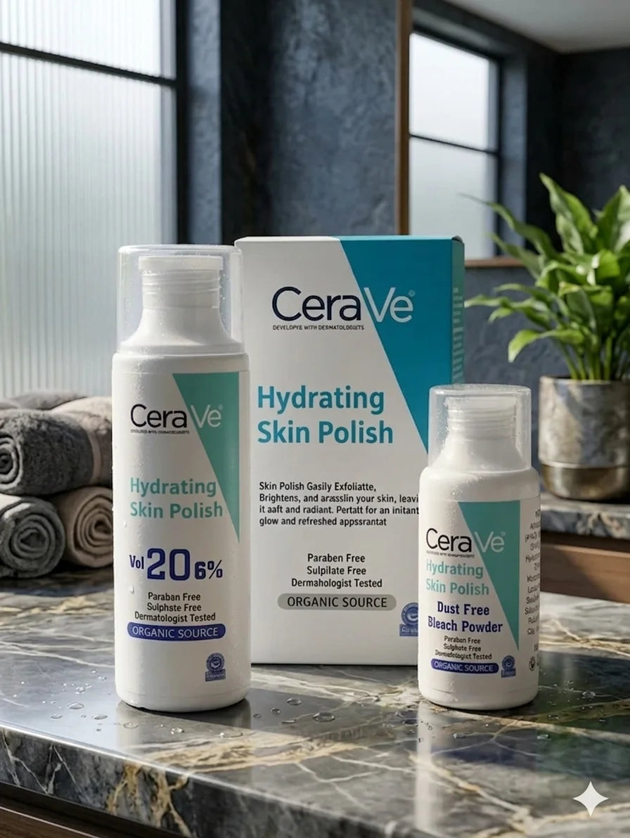 CeraVe Hydrating Skin Polish bottles on a marble surface with a box in the background.
