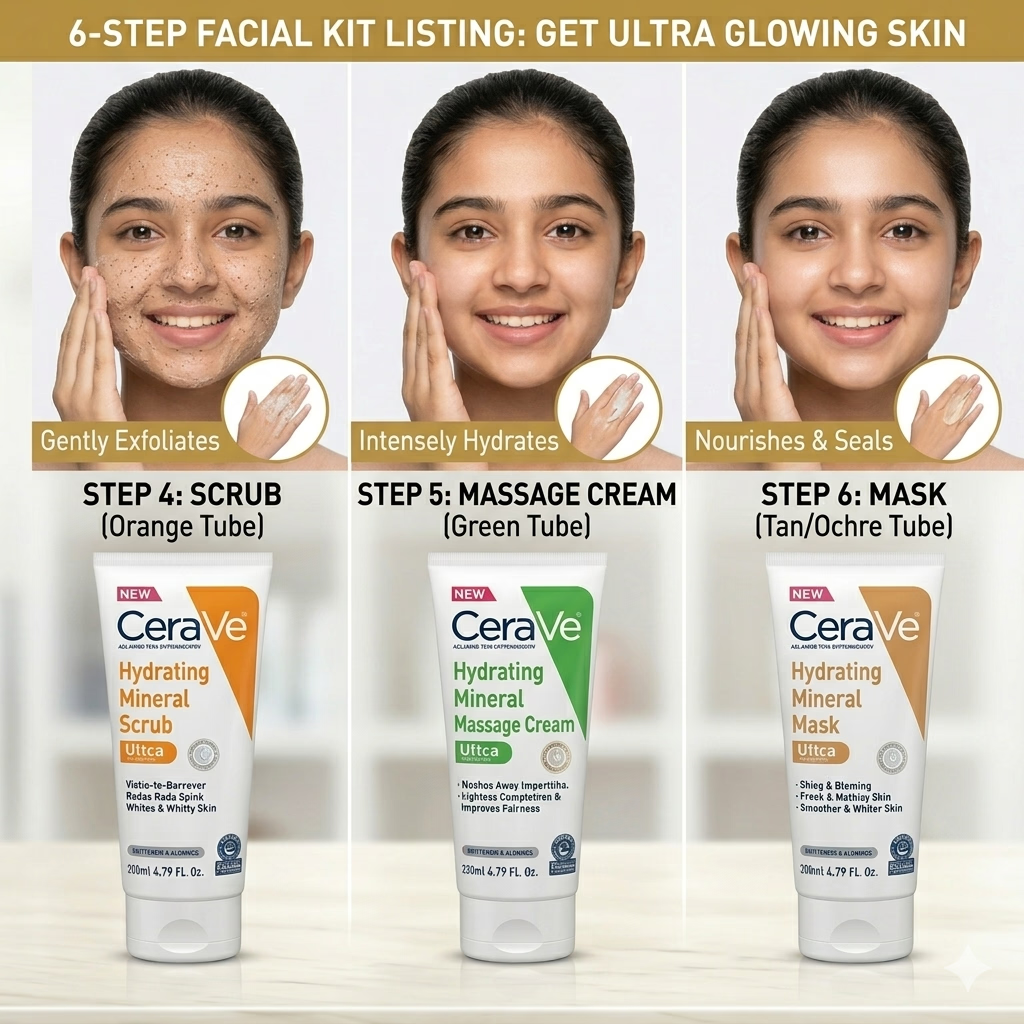 CeraVe facial product lineup with step-by-step instructions for glowing skin.