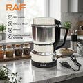 RAF coffee grinder on a kitchen counter with product features displayed.
