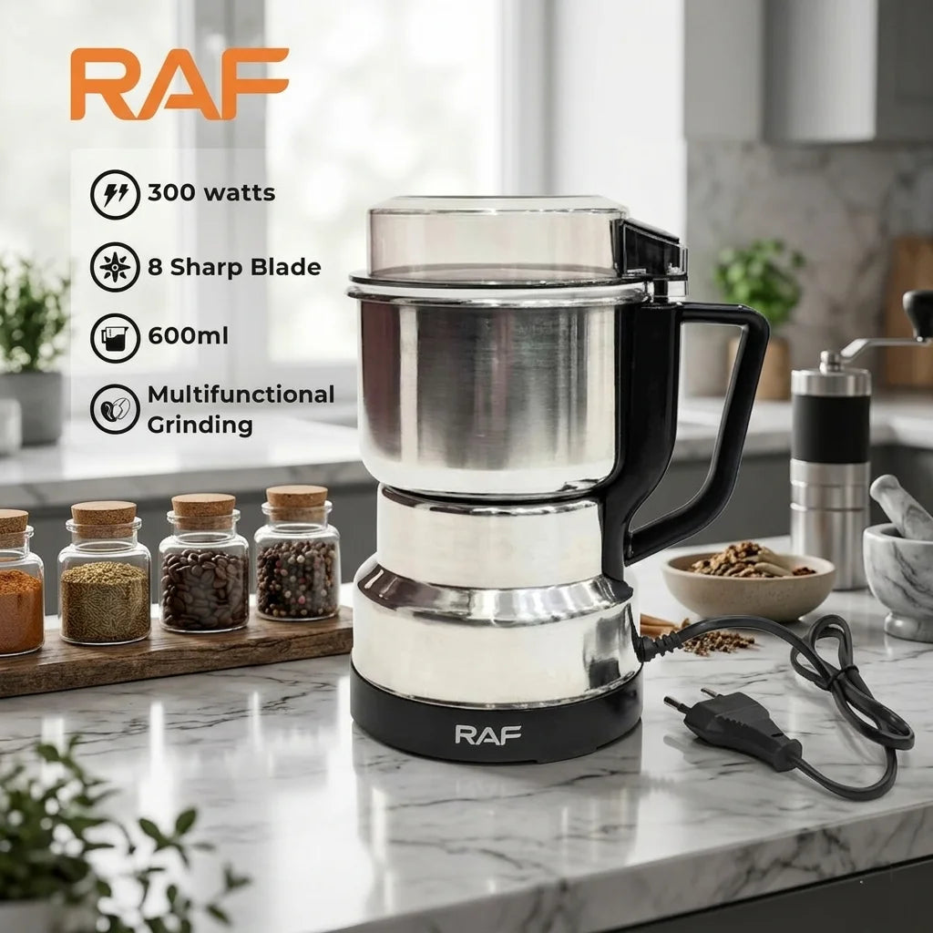 RAF coffee grinder on a kitchen counter with product features displayed.