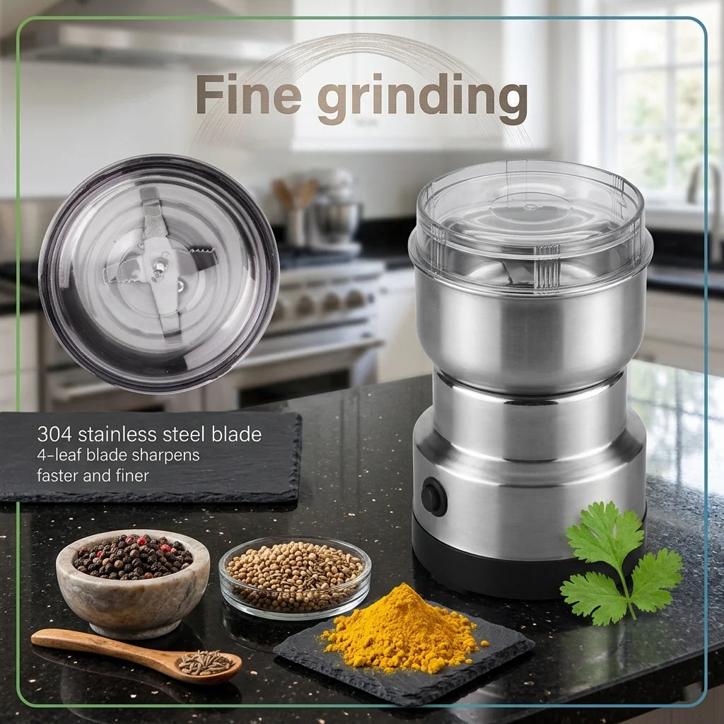 Stainless steel spice grinder on a kitchen counter with ingredients and a blurred background